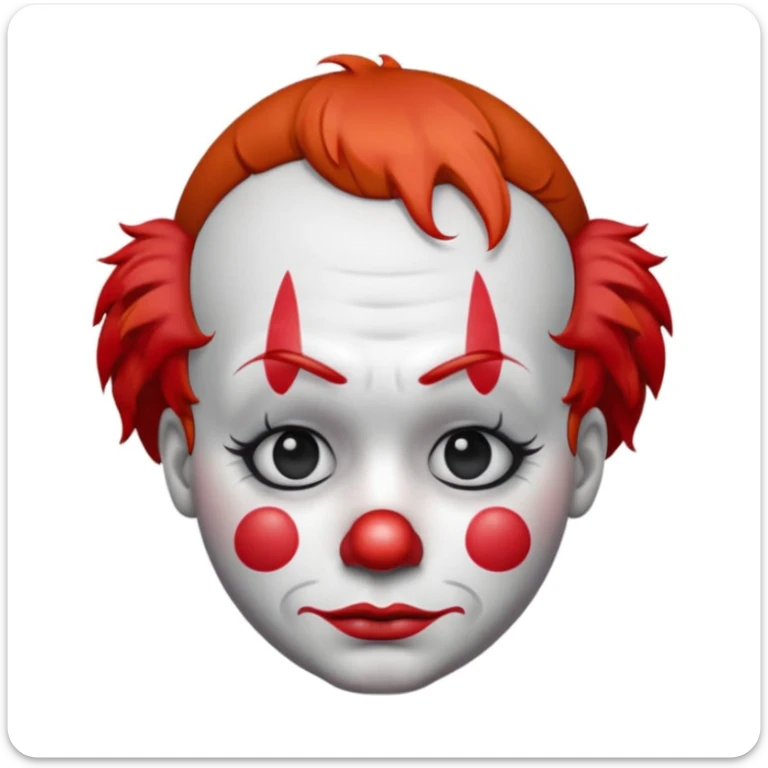 passport photo of a sad clown emoji, white face paint, red nose, classic makeup with frown and drooping eyebrows, multiple tears, short tufted faded red hair, polka-dotted costume in muted tones, glossy 3D look, centered, white background sticker
