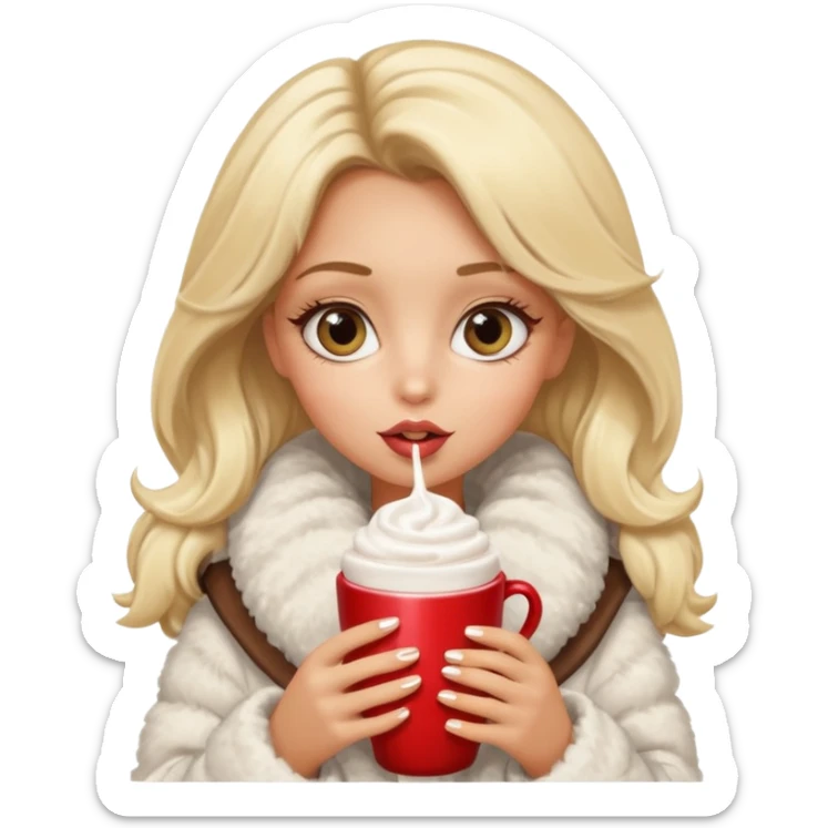 Tanned Girl with lashes , blonde hair, in an extremely big fluffy oversized coat and hold hot chocolate drink and big eyes, big lip sticker