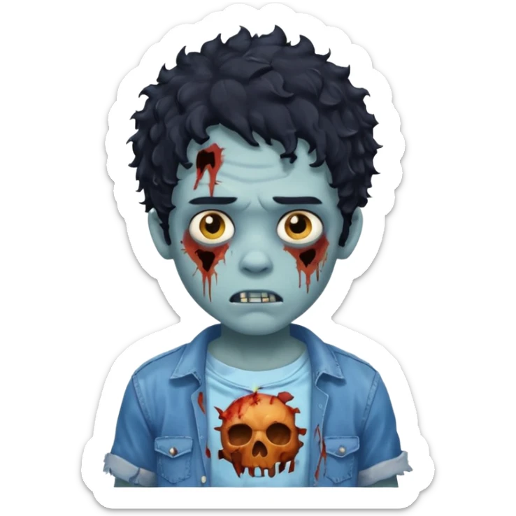 boy zombie with black curly hair, blueish skin, wearing a ripped shirt sticker