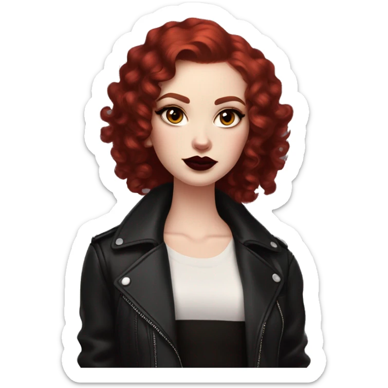 Girl with very pale skin, bright red curly short hair with a side part, black cat-eye makeup, dark maroon blush and lipstick.  Her eyebrows are dark, arched and very high.  Hazel eyes. Big lips. Thin. Wearing a black biker jacket. Holding a black cat sticker