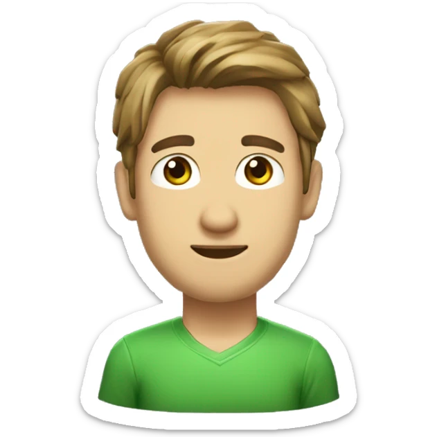 Un hombre de tez clara, pelo castaño y liso, ojos verdes, muy lindo y con audífonos gamer sticker