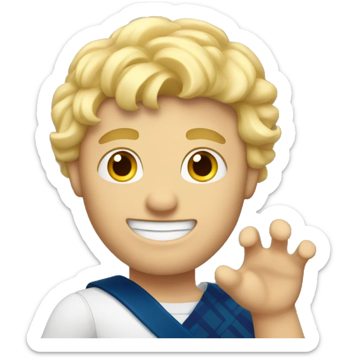 Male with blonde hair waving hand to say hello with a Scotland sticker