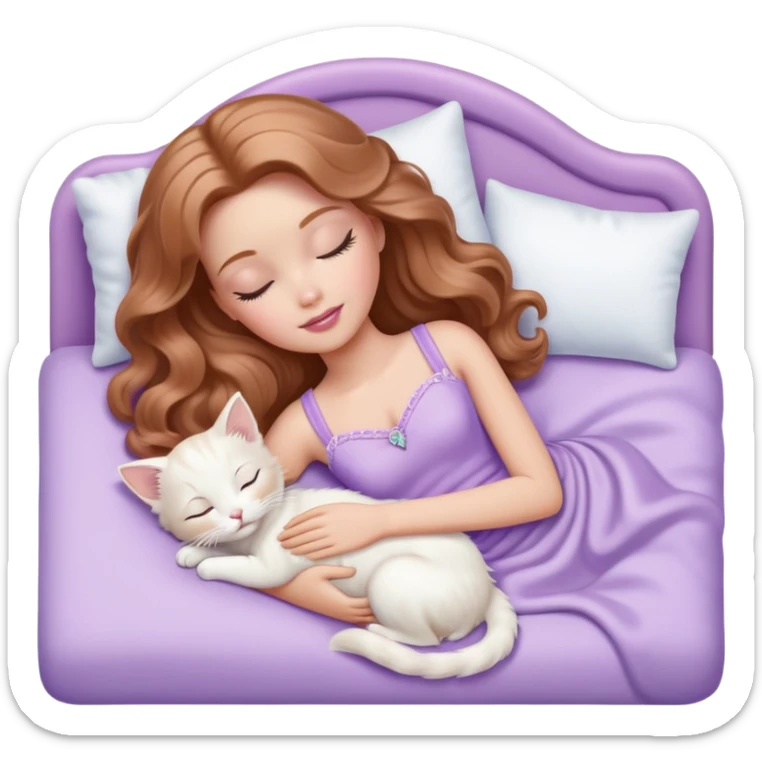 White Barbie girl Chestnut long wavy hair sleeping with white kitten at pale lavander bed sticker