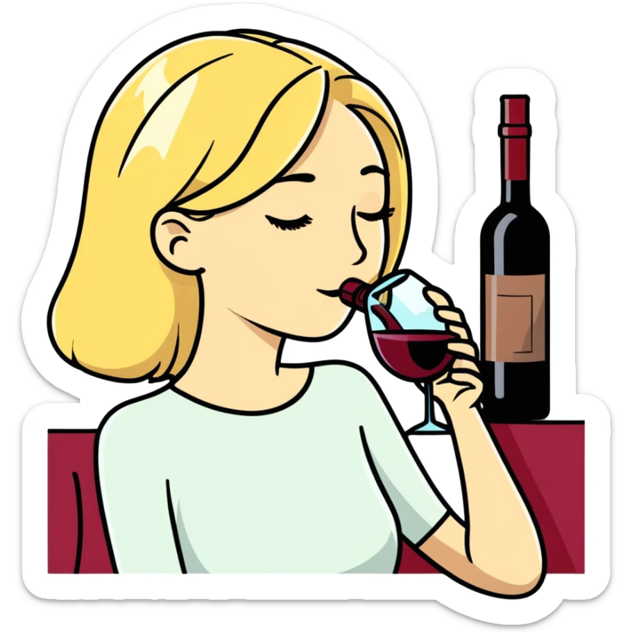 Blonde woman drinking out of a bottle of wine labeled “New Age” sticker
