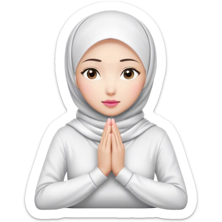 A white Asian woman, white hijab women are listening with her hands folded on the table. her lips is pink. her outfit & hijab color is white. Her fingers are 10. sticker