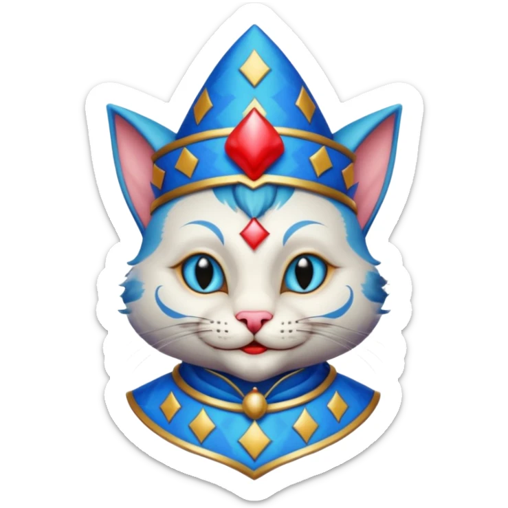 crazy colorful cute little cat jolly joker from poker, medieval, vintage, court jester, mac os icon, blue color, poker cards, mage sticker