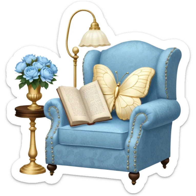 A cozy vintage-inspired reading nook, with an overstuffed ivory armchair, a golden reading lamp, and a bouquet of soft blue roses, white peonies, and dahlias resting on a small lace-covered side table, as a pearl butterfly gently rests on the open book.  sticker