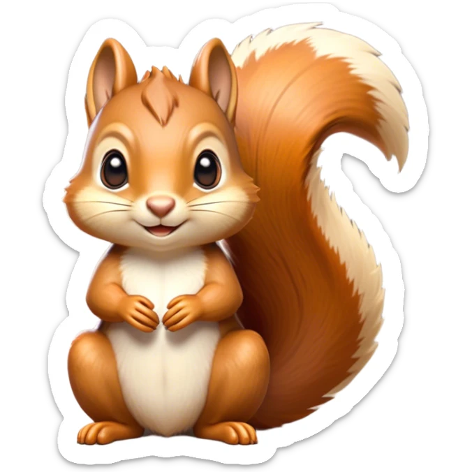 Cinematic Adorably Cute Squirrel Portrait Emoji, Perched with an alert, twinkling gaze and a playful tilt of its head, showcasing a small, nimble body with a bushy tail and delicate whiskers, Simplified yet irresistibly adorable features, highly detailed, glowing with a warm, sunlit glow, high shine, energetic and sprightly, stylized with an air of woodland whimsy, soft glowing outline, capturing the essence of a joyful squirrel that appears ready to scamper out of the screen with boundless charm! sticker
