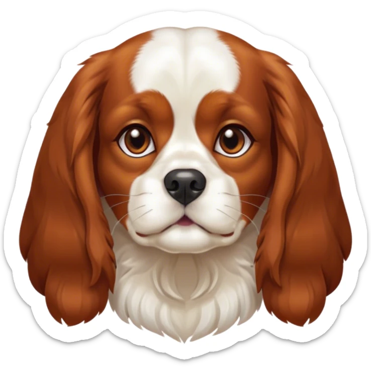 Cinematic Noble Blenheim Cavalier King Charles Spaniel Portrait Emoji, Poised and regal, with a graceful, medium build and a well-groomed Blenheim coat featuring rich chestnut and white markings, soulful brown eyes, Simplified yet sharp and sophisticated features, highly detailed, glowing with a soft, dignified glow, high shine, intelligent and affectionate, stylized with an air of elegance, focused and attentive, soft glowing outline, capturing the essence of a watchful and refined companion, so majestic it feels as though it could step out of the screen with effortless authority! sticker