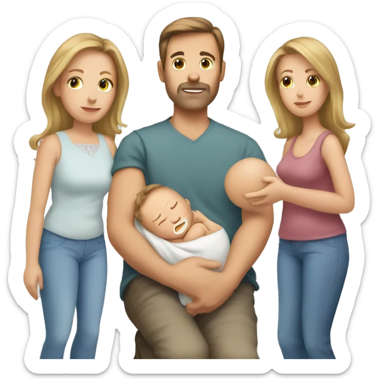 Mum, Brown hair,  Dad, Blond hair with newborn sticker