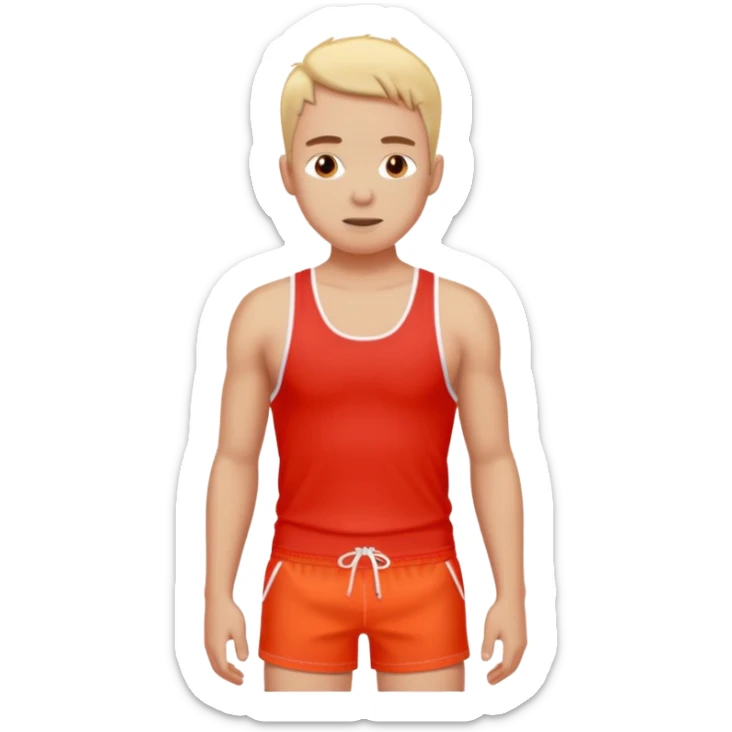 image of person in swimshorts which is sunburned - the skin is red, on the person chest it should be white (as a white outline of a tank top)  sticker