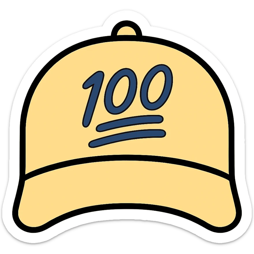 Change the color of the embroidered 100 emoji to navy blue and make the hat a pastel yellow, keeping the color outline icon style with no background. sticker