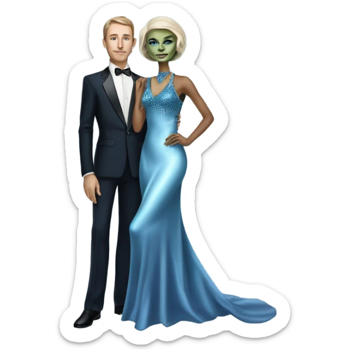 reptilian alien woman, in long slim pastel blue formal party satin dress with gradient shiny sparkling navy blue diamonds embroidered , and caucasian man in black dress sticker