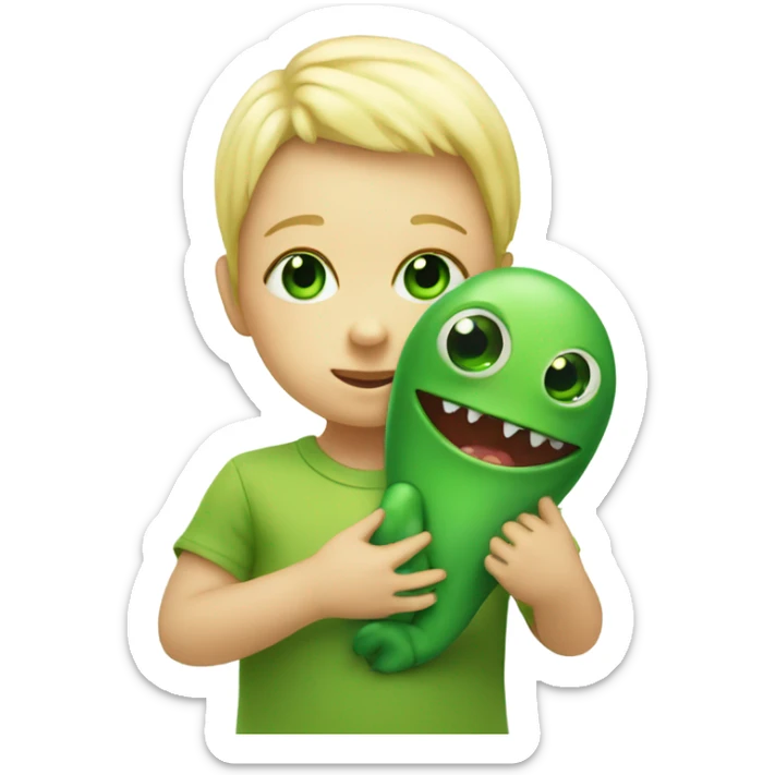 Little blonde baby holding the hand a big green one eyed monster sticker