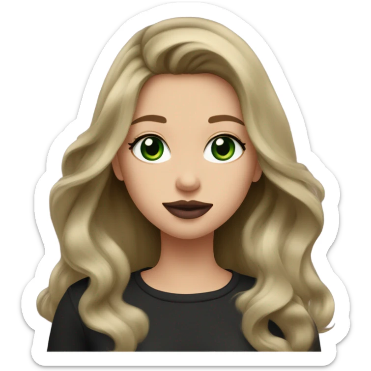 dark blonde balayage girl green eyes long hair mauve lips rosy cheeks black shirt sticker