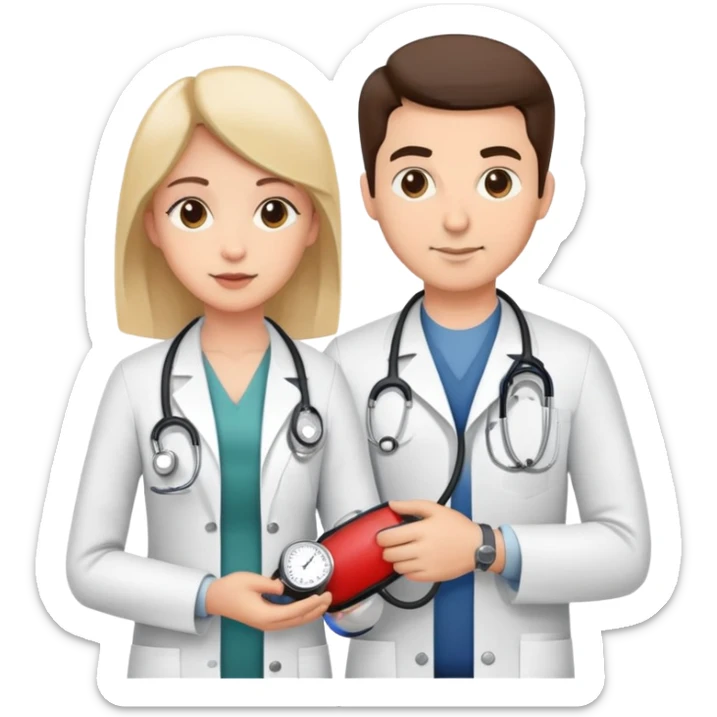Doctor measuring patient's blood pressure with sphygmomanometer and stethoscope, medical pressure check sticker