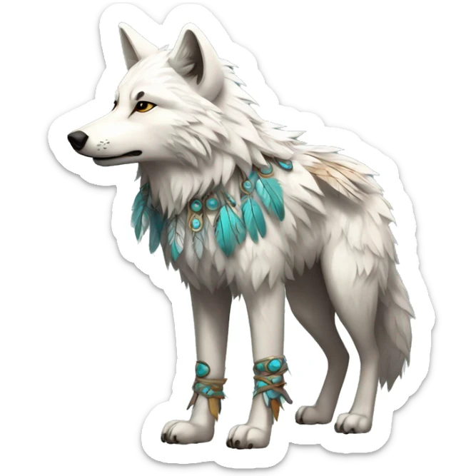Fluffy Shy Spiritual Shamanic Wolf With Shiny Tribal Markings wearing feathers Full Body sticker