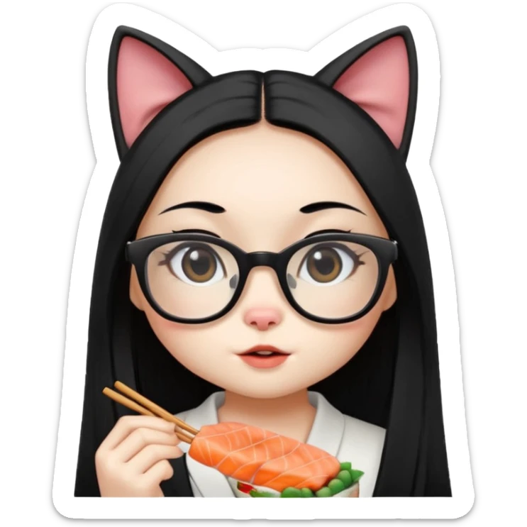 cute girl cat with long straight hair and really big square glasses with super thin frames eating sushi sticker