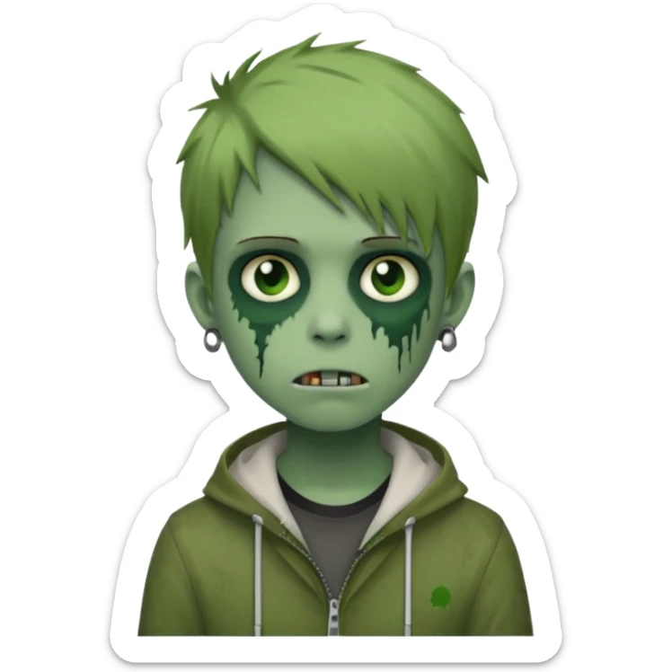 boy zombie with light brown emo hair and green skin and earpods emoji sticker