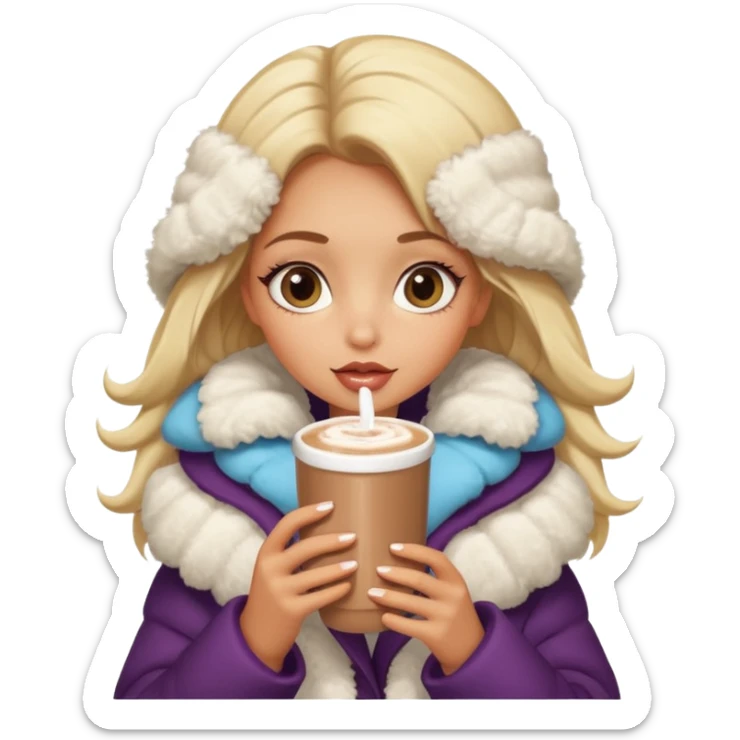 Tanned Girl with lashes , blonde hair, in an extremely big fluffy oversized coat and hold hot chocolate drink and big eyes like dog, big lip sticker