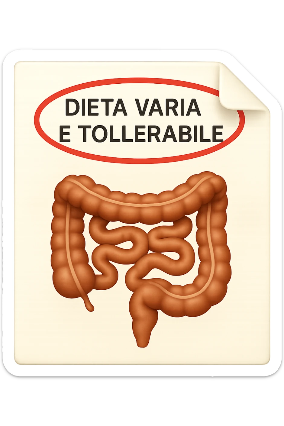 emoji stile iphone di un foglio con un INTESTINO disegnatO sopra e la scritta "DIETA VARIA E TOLLERABILE" CERCHIATA IN ROSSO, iperrealistico 4k, isolato su sfondo bianco sticker