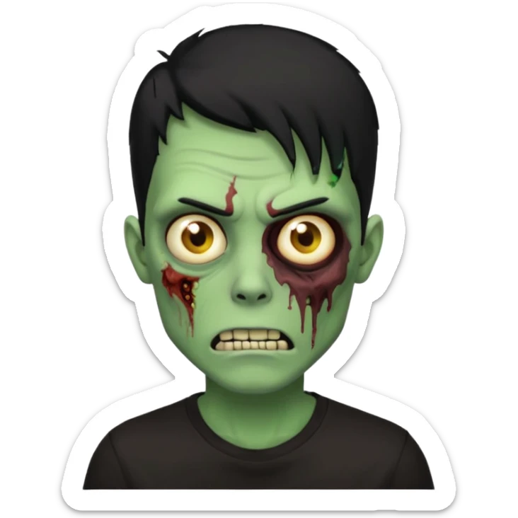 Zombie Emoji AppleIOS Style, lowfade Black Hair, and Black T-shirt, Green Skin, normal expression sticker
