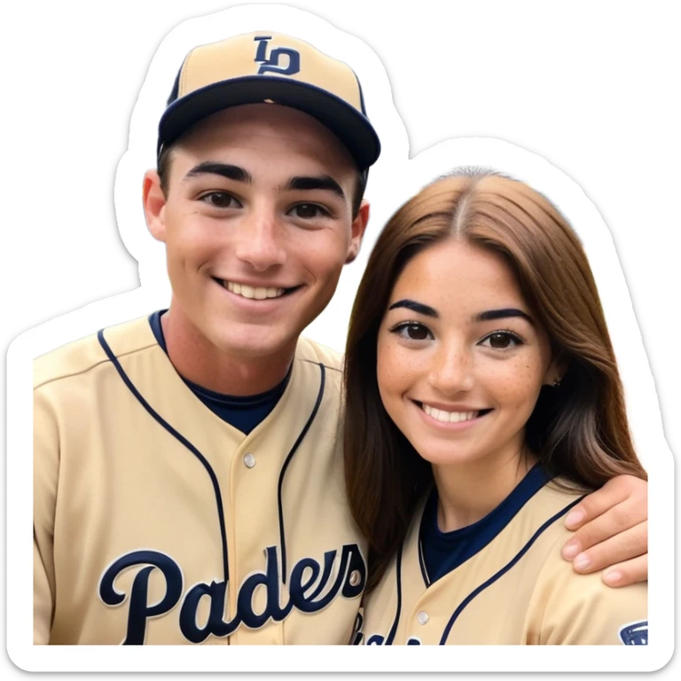 *White* couple smiling. Woman has big cheeks and a lot of freckles on the nose. long brown hair. Man has black and very short hair and prominent eyebrows with egipcian nose. Both are wearing “Los Padres” baseball jerseys and with a sign that says “Go Padres!” sticker