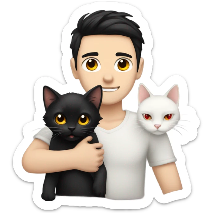 pale guy with black hair, red eyes and tattooed holding a cute black cat sticker