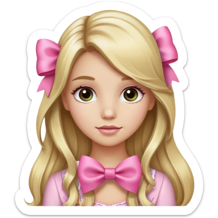 Pretty blonde bombshell girl with long hair and highlights. She has long eyelashes and a pink bow in her hair. She is holding a grea sticker