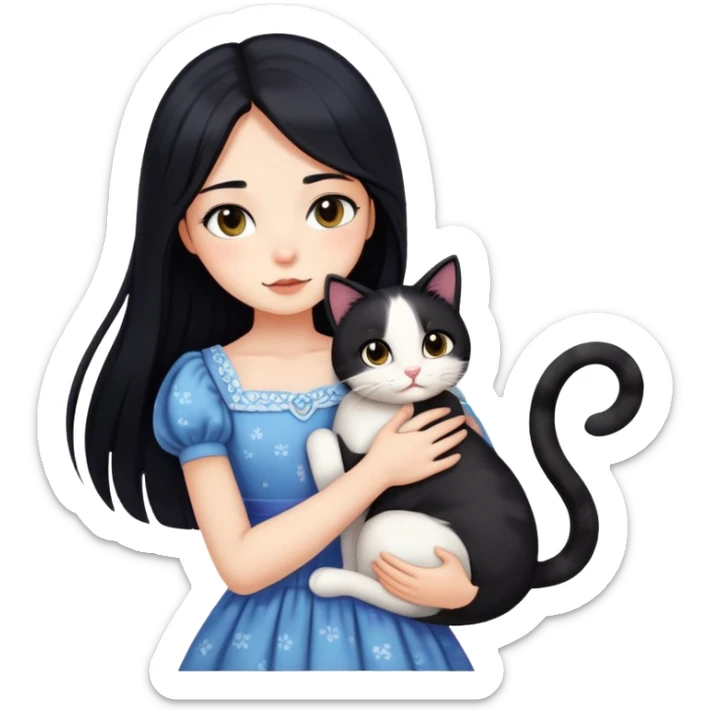 A beautiful girl with long black hair wearing a dress hugs a cat of three colors sticker