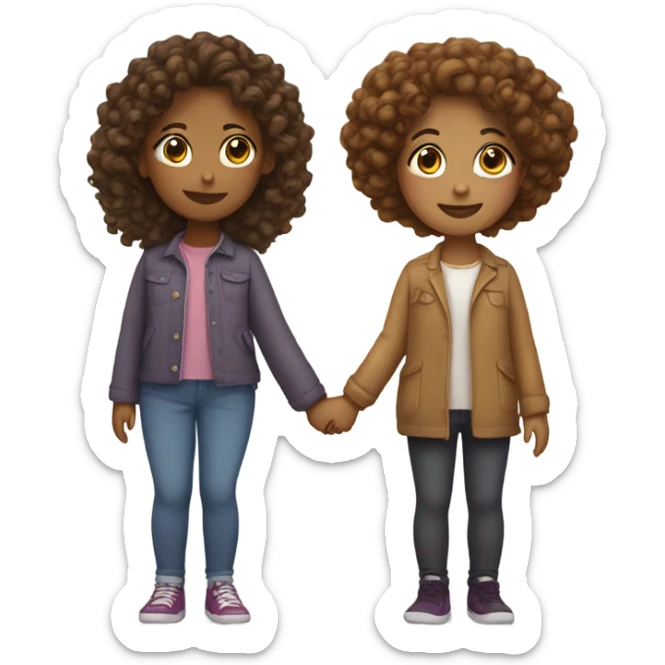 Full body, Two girls holding hands Carmel skin  one  with a curly bun and one  with curly hair sticker