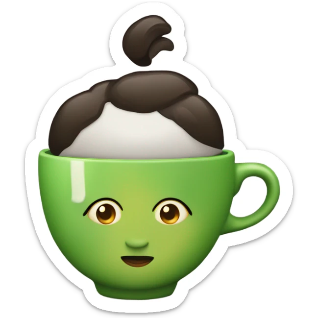 Chica con cabello corto y negro, con ojos grandes y verdes, y una taza de café en las manos. sticker