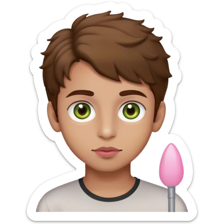Pakistani boy  with hazel green eyes, brown hair slightly curly, and olive to light skin, and pink lips sticker
