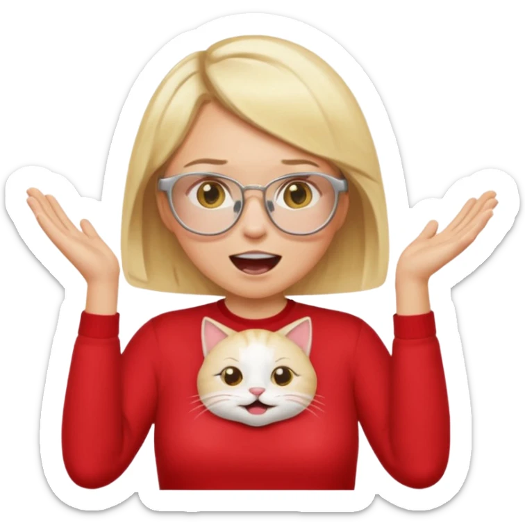 emoji style, waist-up woman with light skin, blonde bob hair, white cat-eye glasses, red shirt, both hands cupped around her mouth, shouting with joy on simple light background sticker