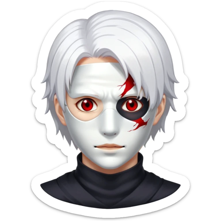 Tokyo ghoul character with white hair, mask on face, red eye, dark atmosphere sticker