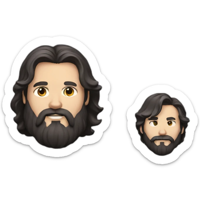 man with long hair and black beard, caucasian looks like jack black with a black cat sticker