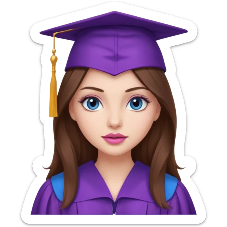 girl with gorgeous long brown hair, blue eyes, long lashes makeup, sexy pink lips, wearing a purple graduation cap and gown sticker