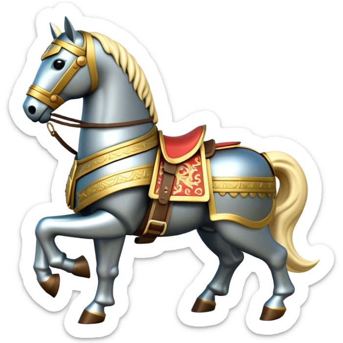 Clash of Clans aesthetic: Cinematic Playful Armored Horse Emoji, rendered in a 3D vector-style similar to standard emojis with minimal shading and bold, simplified shapes. A compact, isometric warhorse outfitted in intricately detailed armor with noble accents, softly glowing with a gallant medieval carriage charm. Simplified yet unmistakably iconic, highly detailed and consistent, glowing with a soft radiant shine and high polish. Stylized with a touch of heroic elegance and a soft glowing outline, capturing the essence of a noble steed ready for battle with a friendly, playful air! sticker