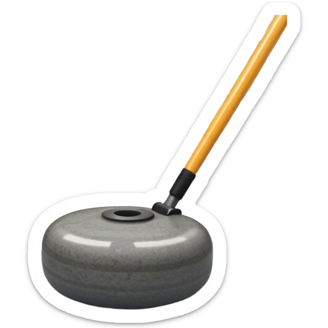 An icon showing a detailed close-up of a curling stone sliding across the ice, with a broom in motion beside it. The background features an indoor stadium with cheering spectators on the stands. Transparent background captures the strategy and focus of curling. sticker