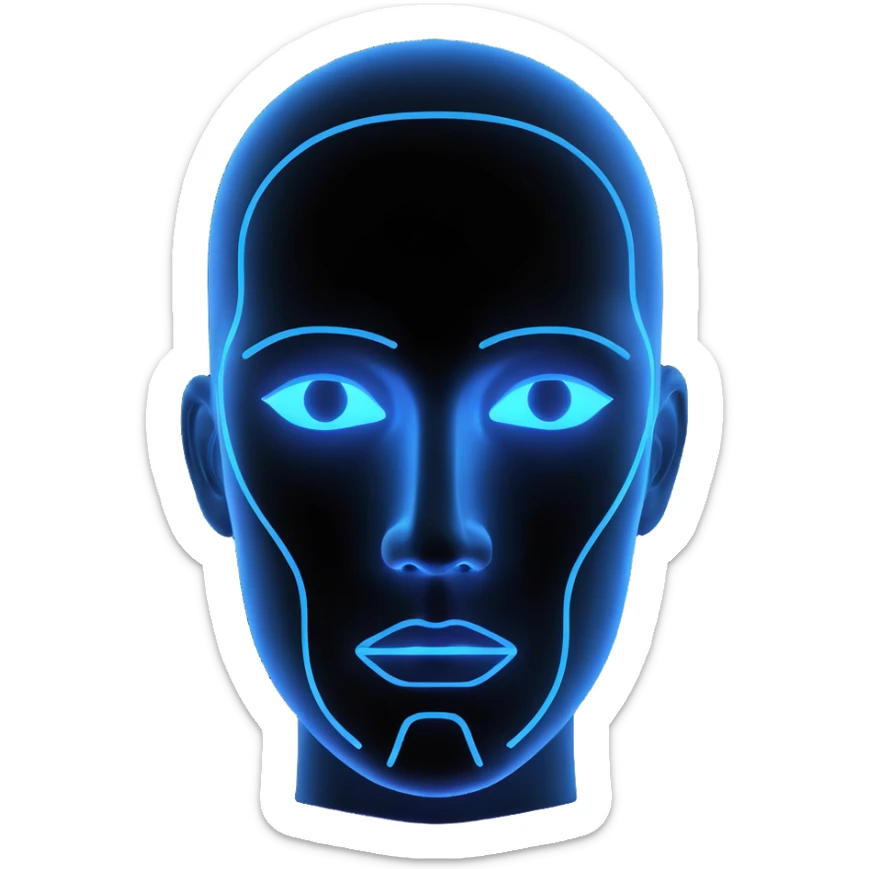 Minimalist futuristic AI avatar — clean glowing outline of a humanoid face, half-abstract with light reflections. sticker