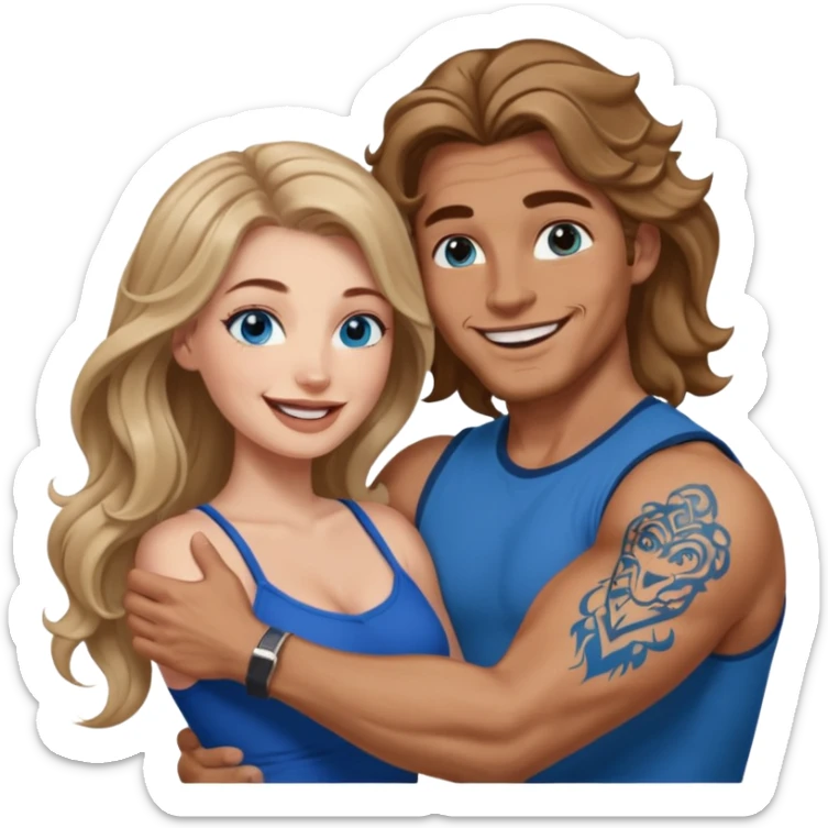Women with blue eyes and very long, brown blond balayage curled hair in the arms of a man with strong arms a straight face, a very sexy man blue eyes and tattoos on his arm. They are laughing  sticker