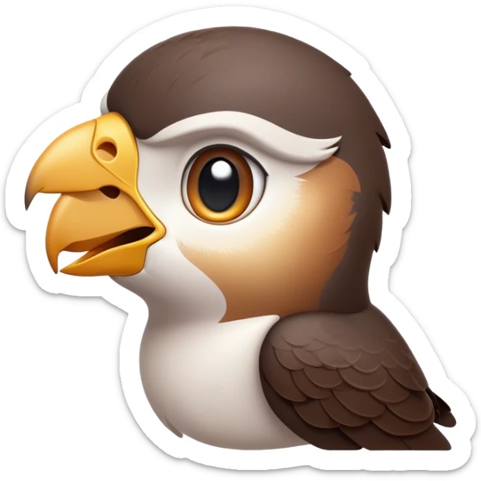 Cinematic Cute Falcon Portrait Emoji, Head tilted playfully and inquisitively, featuring a sleek, agile form with a delicately curved beak and round, sparkling eyes full of spirited charm, Simplified yet irresistibly adorable features, highly detailed, glowing with a warm, inviting glow, high shine, affectionate and lively, stylized with a touch of whimsical aerial grace, soft glowing outline, capturing the essence of a mischievous yet endearing falcon that seems as if it could dart out of the screen into your heart! sticker