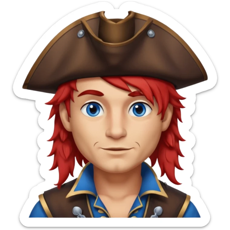 flirting french pirate with a chin dimple blue eyes and hair that fades from red to brown and a wolfcut hairstyle sticker