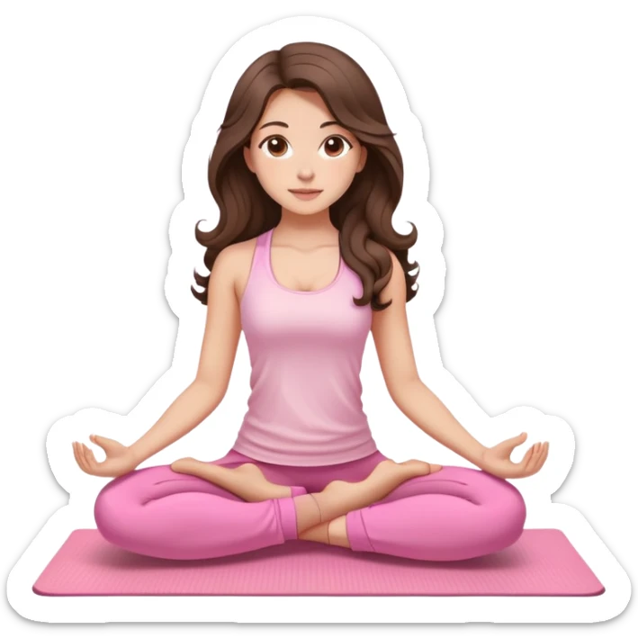 Brunette long curled hair and brown eyes yoga beautiful girl in light pink clothes sitting on a yoga mat sticker