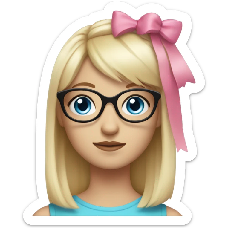girl with blue eyes, black glasses, blonde hair with a fringe, pink top and pink bow in her hair sticker