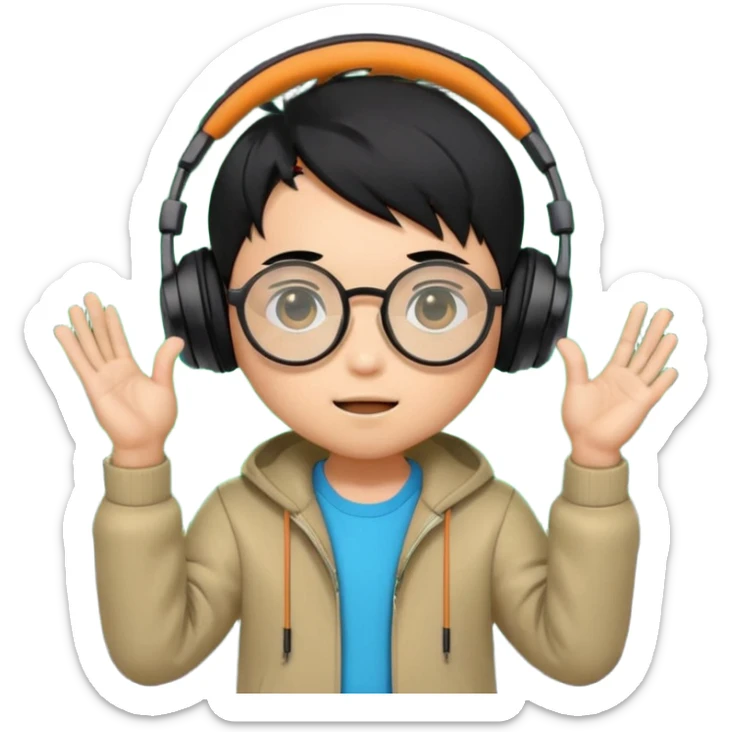 Chibi Japanese boy with black hair and round glasses, big headphones, vibing hard to electronic music, strong beat pulse lines around him, neon glow, exaggerated cartoon style, streaming emote. sticker