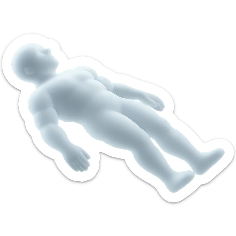 side view of unconscious person flying torso up, arms and legs down, made of very bright white convex clouds, matte glass style sticker