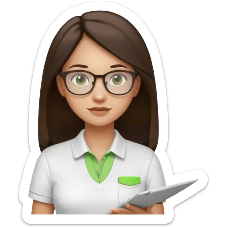architect woman light skinned dark brown hair in WHITE POLO touch of light green, long hair but then wearing proper architeture attire with plates on the backgrounf sticker