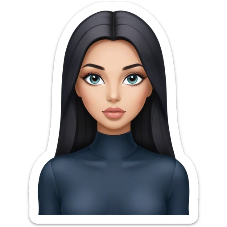 Glamours, tanned, very beautiful girl, with big pump peach-beige-rose lips, long long lashes, black straight smooth silky long hair, straight parting hair, blue-grey eyes in black long-sleeves bodysuit sticker