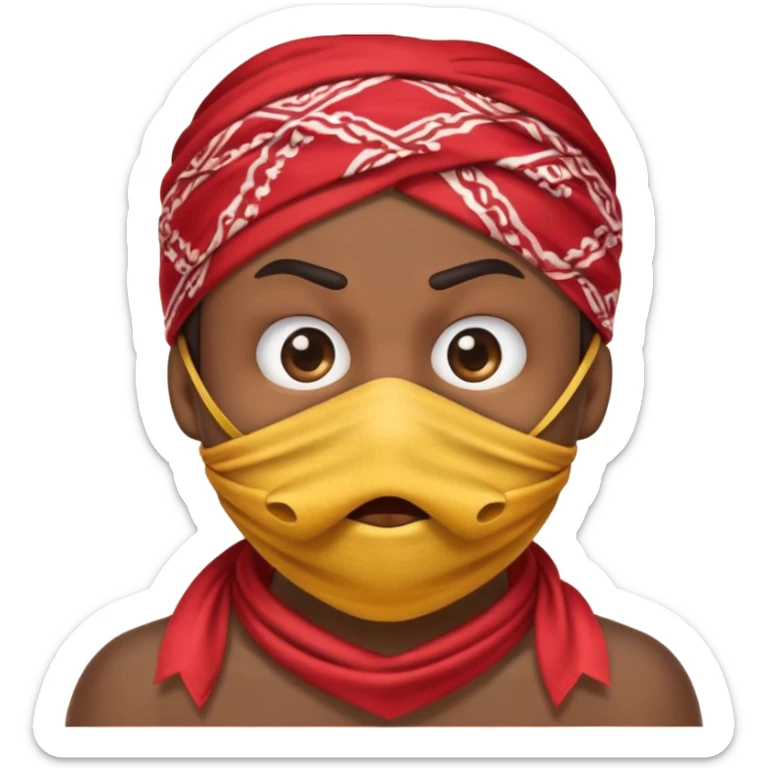 "An emoji with a bandana covering its mouth, slightly angry eyes, and making the silence gesture sticker